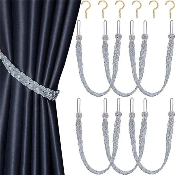 6 Pieces Braided Curtain Tiebacks Rope Belt Curtain Ties and 6 Pieces Hooks - Picture 1 of 7